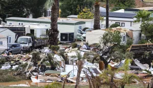 epa12527875 A view of the damage at a campsite in Albufeira, Portugal, on 15 November 2025, following extreme winds that killed at least one person and injured dozens. EPA/JOAO MATOS