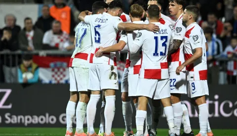 14.11.2025., stadion HNK Rijeka, Rijeka - Kvalifikacije za FIFA Svjetsko nogometno prvenstvo 2026., skupina L, Hrvatska - Farski otoci. Slavlje nogometasa Hrvatske nakon pogotka Nikole Vlasica za vodstvo 3:1. Photo: Marko Lukunic/PIXSELL