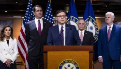 epa12003473 US House Speaker Mike Johnson (C), flanked by (L-R) House Republican Conference Chair Lisa McClain, Republican Representative from Kansas Derek Schmidt, House Majority Leader Steve Scalise, and House Majority Whip Tom Emmer, speaks about US President Donald Trump's comments on the possibility of pursuing a third term, at the US Capitol in Washington, DC, USA, 01 April 2025. Johnson also spoke about Democratic-appointed judges that he labeled as 'activists'. EPA/JIM LO SCALZO