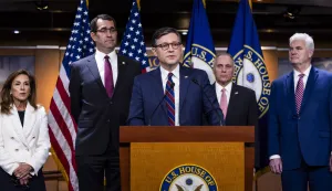epa12003473 US House Speaker Mike Johnson (C), flanked by (L-R) House Republican Conference Chair Lisa McClain, Republican Representative from Kansas Derek Schmidt, House Majority Leader Steve Scalise, and House Majority Whip Tom Emmer, speaks about US President Donald Trump's comments on the possibility of pursuing a third term, at the US Capitol in Washington, DC, USA, 01 April 2025. Johnson also spoke about Democratic-appointed judges that he labeled as 'activists'. EPA/JIM LO SCALZO