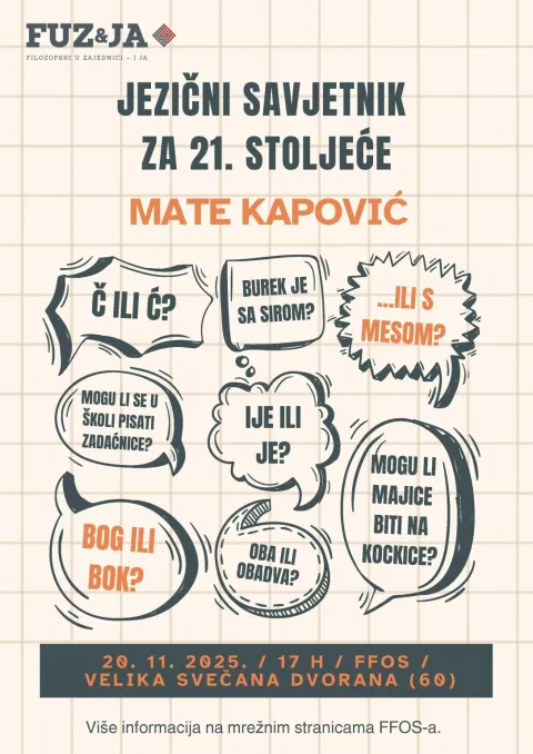 Plakat za predavanje Mate Kapovića Jezični savjetnik za 21. stoljeće