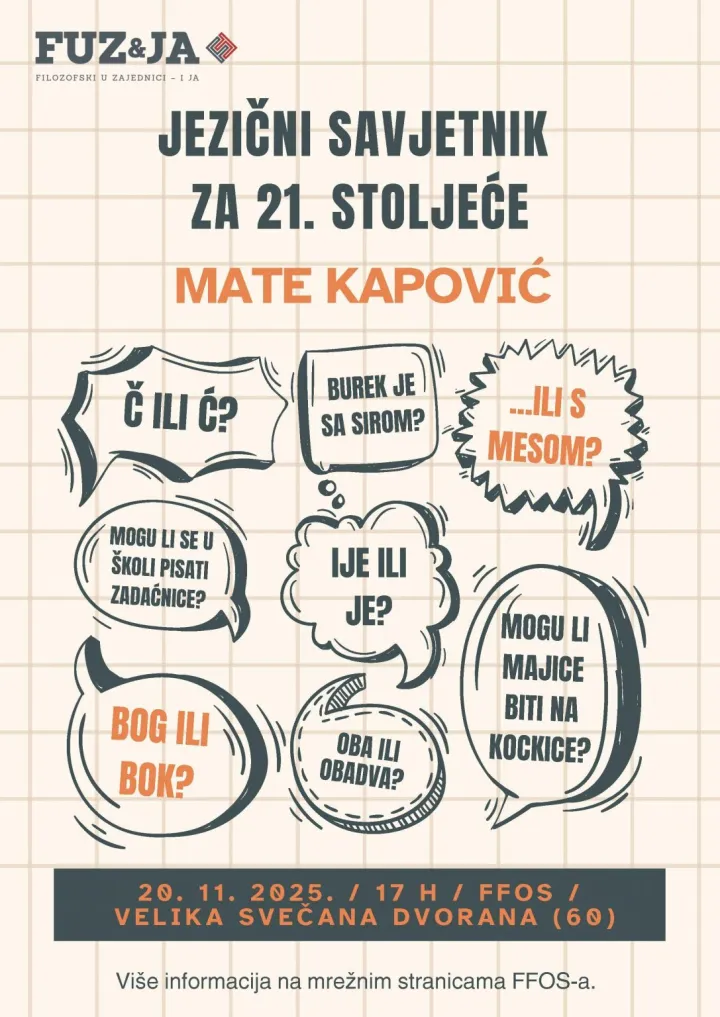 Plakat za predavanje Mate Kapovića Jezični savjetnik za 21. stoljeće