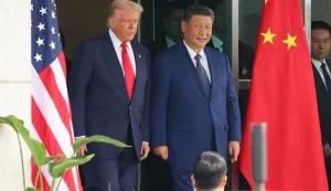 epa12492356 US President Donald Trump (L) and Chinese President Xi Jinping (C) emerge from their talks at the Naraemaru reception hall inside an Air Force base in Busan, South Korea, 30 October 2025. EPA/YONHAP SOUTH KOREA OUT
