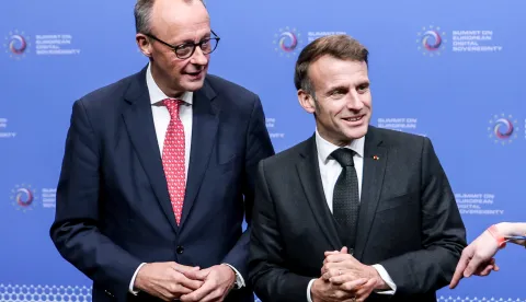 epa12533762 French President Emanuel Macron (R) and German Chancellor Friedrich Merz during the Summit on European Digital Sovereignty at the EUREF Campus in Berlin, Germany, 18 November 2025. The governments of Germany and France are working together with other EU member states to strengthen and secure the digital sovereignty in Europe. EPA/FILIP SINGER