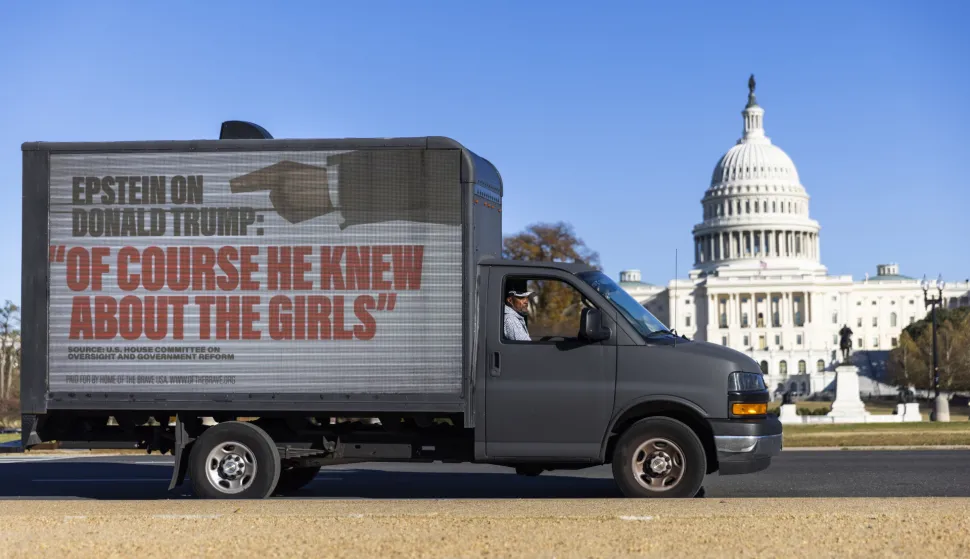epa12532369 A protest truck drives by the US Capitol ahead of a House of Representatives vote on whether to release the so-called Epstein files in Washington, DC, USA, 17 November 2025. The House is expected to vote on the release of the files related to late sex offender Jeffrey Epstein on 18 November. EPA/JIM LO SCALZO