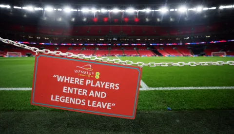 epa12523615 Wembley Stadium ahead of the FIFA World Cup 26 European qualifiers soccer match between England and Serbia in London, Britain, 13 November 2025. EPA/ANDY RAIN