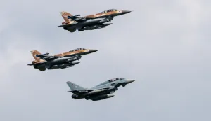 18 August 2020, Bavaria, Fürstenfeldbruck: Two F-16 fighter aircraft (above) of the Israeli Air Force (IAF) and a Bundeswehr Eurofighter fly in formation over the Fürstenfeldbruck airbase in commemoration of the assassination attempt at the 1972 Olympic Games. For the air combat exercises Blue Wings 2020 and MAGDAYs and a joint commemoration, fighter planes of the Israeli Air Force landed in Germany for the first time. Photo: Sven Hoppe/dpa /DPA/PIXSELL