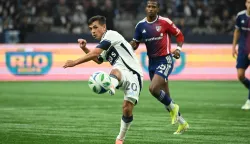FILE PHOTO: Oct 26, 2025; Vancouver, British Columbia, CAN; Vancouver Whitecaps FC midfielder Andres Cubas (20) passes the ball during the first half against FC Dallas at BC Place. Mandatory Credit: Simon Fearn-Imagn Images/File Photo Photo: Simon Fearn/REUTERS