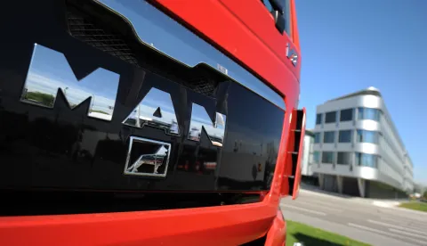 epa08660553 (FILE) - A MAN truck outside of the headquarters of MAN Truck 02 May 2012 (reissued 11 September 2020). According to media reports, MAN is to cut up to 9,500 jobs in Austria and Germany. EPA/ANDREAS GEBERT GERMANY OUT *** Local Caption *** 50937848