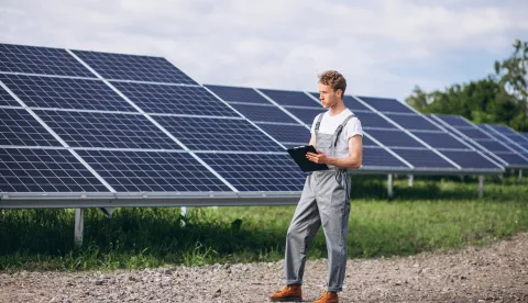 Man worker in the firld by the solar panels