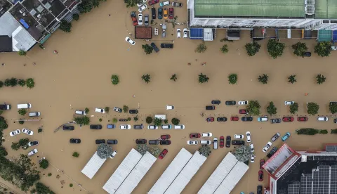 epa12539383 An aerial photo taken with a drone shows a flooded area in Nha Trang, Khanh Hoa province, southern Vietnam, 20 November 2025 (issued on 21 November 2025). At least 40 people were killed after torrential rain and flooding in four provinces in southern and central Vietnam, state media reported. EPA/STRINGER