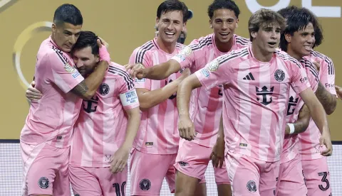 epa12186306 Lionel Messi (2L) of Inter Miami celebrates with teammates after scoring during the FIFA Club World Cup 2025 match between Inter Miami and Porto in Atlanta, Georgia, USA, 19 June 2025. EPA/ERIK S. LESSER