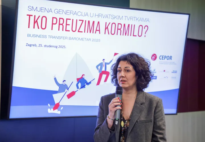 Zagreb, 25.11.2025.- Konferencija "Smjena generacija u hrvatskim tvrtkama: Tko preuzima kormilo?" u organizaciji Centra za politiku razvoja malih i srednjih poduzeća i poduzetni&scaron;tva, na kojoj je predstavljeno Business Transfer Barometar 2025., istraživanje o tome koliko je domaćih tvrtki uspje&scaron;no pro&scaron;lo kroz prijenos vlasni&scaron;tva, koliko ih se ugasilo te koji su bili najče&scaron;ći razlozi neuspjeha. Na fotografiji Mirela Alpeza.foto HINA/ Admir BULJUBA&Scaron;IĆ/ abu