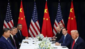 U.S. President Donald Trump, accompanied by U.S. Secretary of State Marco Rubio, and U.S. Secretary of Commerce Howard Lutnick, attends a bilateral meeting with Chinese President Xi Jinping, accompanied by Chinese Foreign Minister Wang Yi, at Gimhae International Airport, on the sidelines of the Asia-Pacific Economic Cooperation (APEC) summit, in Busan, South Korea, October 30, 2025. REUTERS/Evelyn Hockstein Photo: Evelyn Hockstein/REUTERS