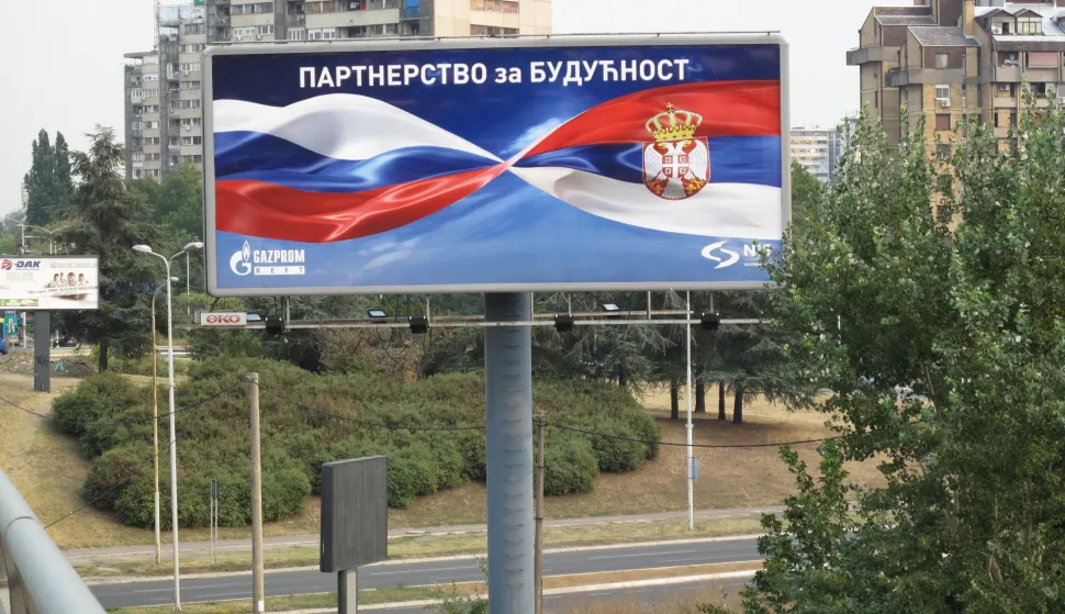 "Partnership for the future" is written on a billboard on a highway in Belgrade, Serbia, 31 August 2012. Russian company Gazprom has purchased Naftna Industrija Srbije (NIS). Photo: Thomas Brey/DPA/PIXSELL