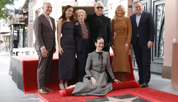 epa12566033 (L-R) Steven Nissen, Amanda Peet, Holland Taylor, Sarah Paulson, Ryan Murphy, Dayna Devon and Jerry Neuman attend a ceremony where Paulson is honored with a star on the Hollywood Walk of Fame in Los Angeles, California, USA, 02 December 2025. The star is in the category of Television. EPA/NINA PROMMER