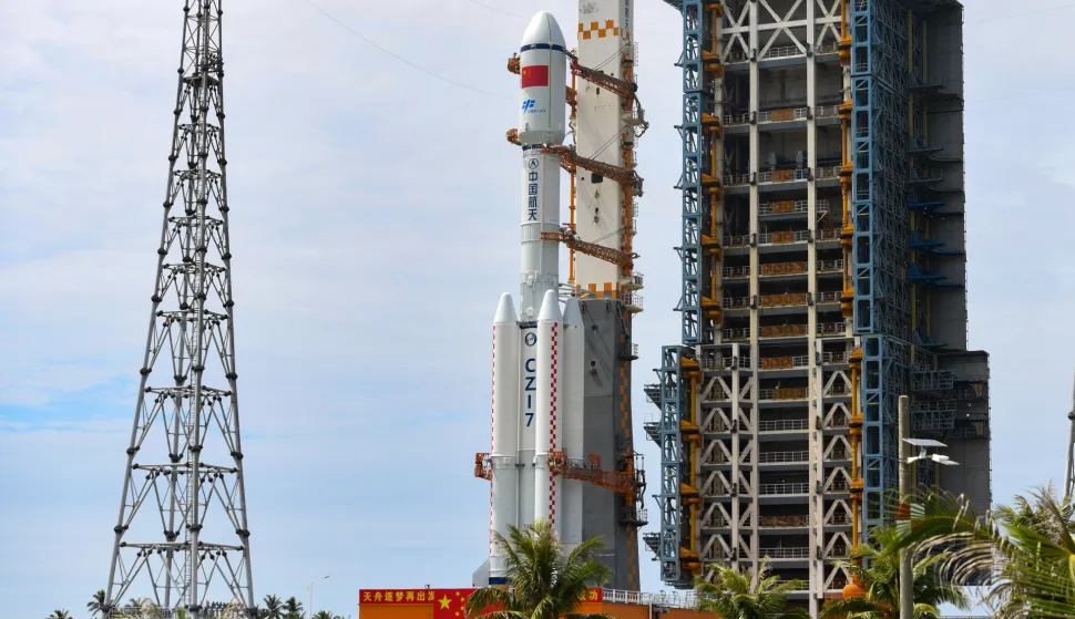 epa12234306 The Tianzhou-9 cargo craft, tasked with carrying supplies to China's space station, and a Long March-7 carrier rocket being vertically transferred to the launch site in Wenchang Spacecraft Launch Site in Wenchang, south China's Hainan Province, 12 July 2025. The cargo spacecraft will be launched in the near future at an appropriate time, according to the China Manned Space Agency (CMSA). Currently, the facilities and equipment at the Wenchang Spacecraft Launch Site in the southern island province of Hainan are in good condition, and comprehensive functionality checks and joint tests are scheduled to proceed as planned ahead of the launch, said the CMSA. EPA/XINHUA/Yang Guanyu CHINA OUT/UK AND IRELAND OUT/  MANDATORY CREDIT EDITORIAL USE ONLY