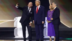 Dec 5, 2025; Washington, District of Columbia, USA; FIFA president Gianni Infantino, United States president Donald Trump, Mexico president Claudia Sheinbaum, and Canada prime minister Mark Carney take a selfie on stage during the FIFA World Cup 2026 Final Draw at John F. Kennedy Center for the Performing Arts. Mandatory Credit: Amber Searls-Imagn Images Photo: Amber Searls/REUTERS