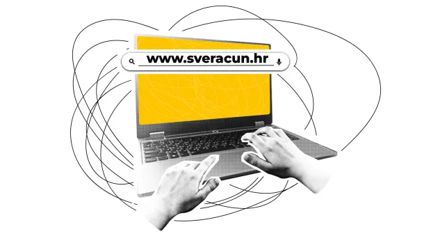 collage with laptop and hands on keyboard search string in halftone style. punk design for poster with hands in trendy halfton style