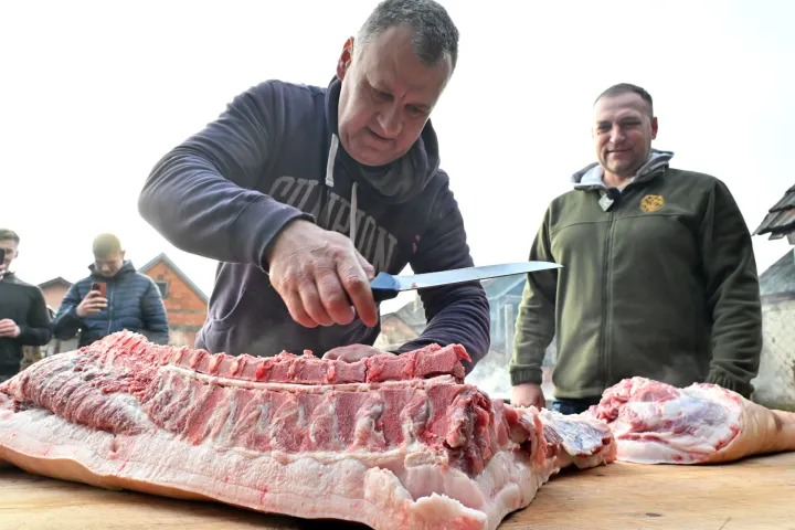 Stari Mikanovci, 08.12.2025. - Potpredsjednik Vlade i ministar poljoprivrede, &scaron;umarstva i ribarstva David Vlajčić&nbsp;u ponedjeljak, 8. prosinca 2025. godine&nbsp;sudjelovao je u tradicionalnoj svinjokolji kod Marka Ljubasa u Starim Mikanovcima (kod Vinkovaca). foto HINA/ Gordan Panić/ tm