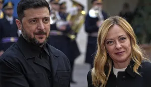 epa12580634 Ukrainian President Volodymyr Zelensky (L) and Italian Prime Minister Giorgia Meloni (R) pose for media during a meeting at Palazzo Chigi, in Rome, Italy, 09 December 2025. EPA/RICCARDO ANTIMIANI