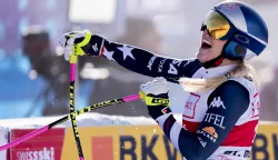 epa12586964 Lindsey Vonn of the United States reacts in finish area during the women's Downhill race at the Alpine Skiing FIS Ski World Cup, in St. Moritz, Switzerland, 12 December 2025. EPA/CLAUDIO THOMA