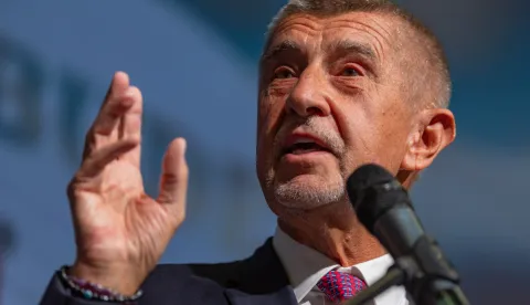 epa12430771 Andrej Babis (C), leader of the ANO (YES) movement, delivers a speech at the ANO movement election event in Prague, Czech Republic, 04 October 2025. Babis and his ANO party are projected to win the most votes in the Czech parliamentary elections. Over eight million people were eligible to elect a new parliament on 03 and 04 October 2025. EPA/MARTIN DIVISEK