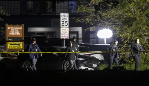 epa12559400 San Joaquin County Sheriff's investigators inspect the scene of a mass shooting at a children's birthday party in Stockton, California, USA, 29 November 2025 (issued 30 November 2025). According to the San Joaquin County Sheriff's office, the shooting left four people dead, 10 injured. EPA/JOHN G. MABANGLO