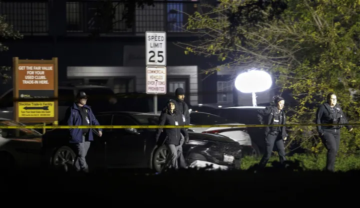 epa12559400 San Joaquin County Sheriff's investigators inspect the scene of a mass shooting at a children's birthday party in Stockton, California, USA, 29 November 2025 (issued 30 November 2025). According to the San Joaquin County Sheriff's office, the shooting left four people dead, 10 injured. EPA/JOHN G. MABANGLO