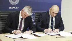 Zagreb, 18.12.2025. - Potpredsjednik Vlade i ministar obrane Ivan Anu&scaron;ić potpisao je Okvirni sporazum o nabavi sustava za suprotstavljanje bespilotnim zrakoplovnim letjelicama s tvrtkom Končar -&nbsp;Digital d.o.o.. Na fotografiji predsjednik Uprave Končara Gordan Kolak, Ivan Anu&scaron;ić.&nbsp;foto HINA/ Lana SLIVAR DOMINIĆ/ lsd