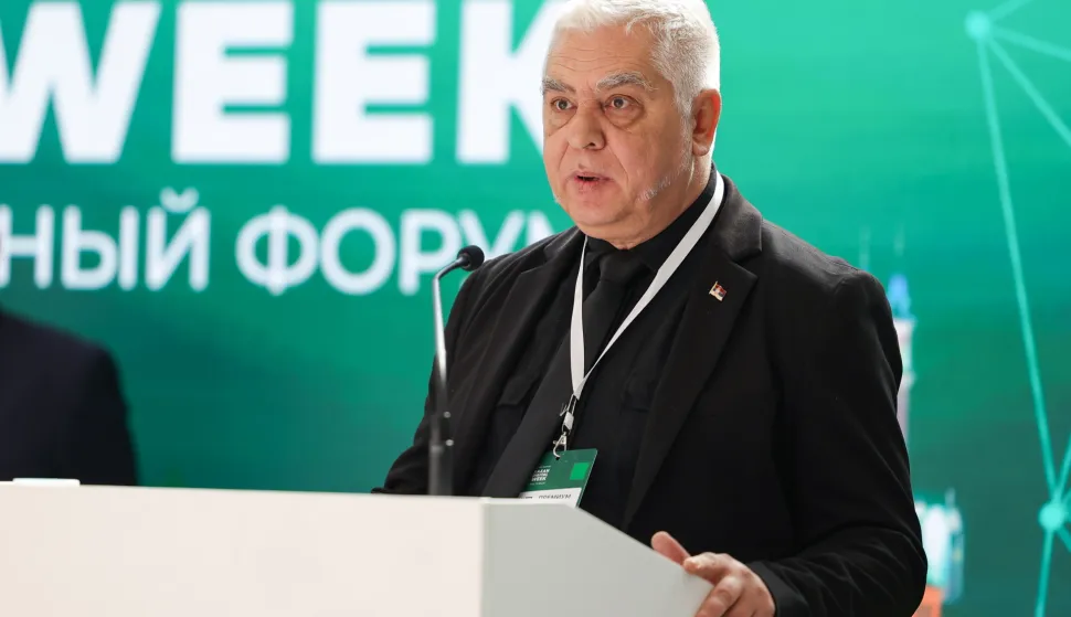 RUSSIA, REPUBLIC OF TATARSTAN - SEPTEMBER 17, 2025: Boris Bratina, Information and Telecommunications Minister of Serbia, speaks during a ceremony to open Kazan Digital Week 2025 at the Kazan Expo International Exhibition Centre in Bolshiye Kabany, southeast of Kazan. Anton Vergun/TASS/Sipa USA Photo: Tass/SIPA USA