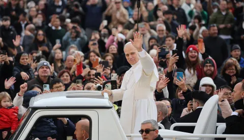 epa12604480 Pope Leo XIV greets attendees during the Jubilee Audience in St. Peter's Square, in Vatican City, 20 December 2025. EPA/MASSIMO PERCOSSI
