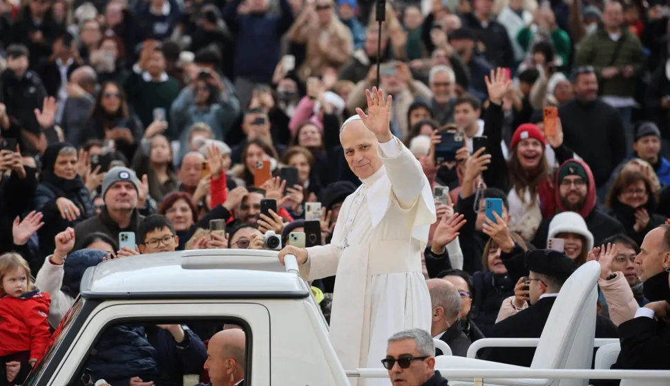 epa12604480 Pope Leo XIV greets attendees during the Jubilee Audience in St. Peter's Square, in Vatican City, 20 December 2025. EPA/MASSIMO PERCOSSI