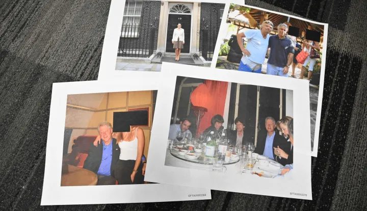 This photo illustration taken in Washington, DC, on December 19, 2025 shows photographs, including of former US president Bill Clinton, Rolling Stones singer Mick Jagger, Virgin Group chairman Richard Branson and Ghislaine Maxwell, after the US Justice Department began releasing the long-awaited records from the investigation into the politically explosive case of convicted sex offender Jeffrey Epstein. (Photo by Mandel NGAN/AFP)