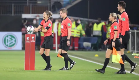 epa09577099 Croatian Referee Ivana Martincic (L) prior the FIFA World Cup 2022 group J qualifying soccer match between Germany and Liechtenstein in Wolfsburg, Germany, 11 November 2021. EPA/FOCKE STRANGMANN