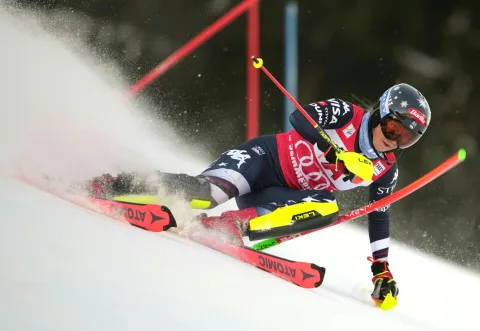 USA's Mikaela Shiffrin competes in the first run of the Women's Slalom race of the FIS Alpine Ski World Cup in Semmering, Austria on December 28, 2025. (Photo by GEORG HOCHMUTH/APA/AFP)/Austria OUT