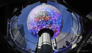 View of the New Year's Eve ball following the Inaugural Ball Raising Ceremony at One Times Square, New York, NY, November 24, 2025. The ceremony marked the unveiling of the building?s renovations and the newly introduced ninth iteration of the New Year?s Eve Ball, covered in 5,280 circular Waterford crystals. (Photo by Anthony Behar/Sipa USA) Photo: Anthony Behar/SIPA USA