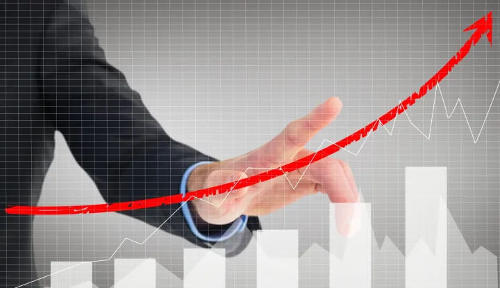 composite of businessman pointing at rising graphrast tablica gospodarstvo trgovina bdp novac ilustracija