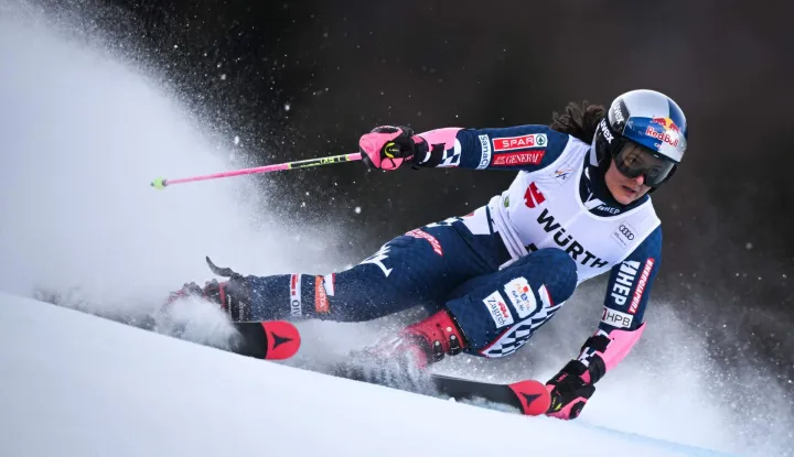 Croatia's Zrinka Ljutic competes in the first run of the Women's Giant Slalom, part of the FIS Alpine Ski World Cup 2025-2026, in Kranjska Gora, Slovenia, on January 3, 2026. (Photo by Jure Makovec/AFP)