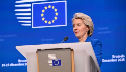 European Commission President Ursula von der Leyen attends a press conference after the European Council meeting in Brussels, Belgium on December 19, 2025. European Union leaders struck a deal Friday to provide Ukraine a 90-billion-euro loan to plug its looming budget shortfalls, but failed to agree on using frozen Russian assets to come up with the funds. (Photo by JOHN THYS/AFP)