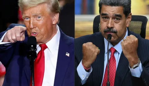 (FILES) (COMBO) This combination of pictures created on August 07, 2025 shows US President Donald Trump (L) in Grand Rapids, Michigan on November 5, 2024, and Venezuelan President Nicolas Maduro (R) in Caracas on July 31, 2024. Powerful explosions, resembling aircraft flyovers, were heard blasting in Caracas on January 3, 2026 at around 2:00 am (0600 GMT), an AFP journalist reported. The sounds of explosions come as US President Donald Trump, who has deployed a large navy armada in the Caribbean with a stated mission of combatting drug trafficking, raised the possibility of ground strikes against Venezuela. (Photo by KAMIL KRZACZYNSKI and Federico PARRA/AFP)