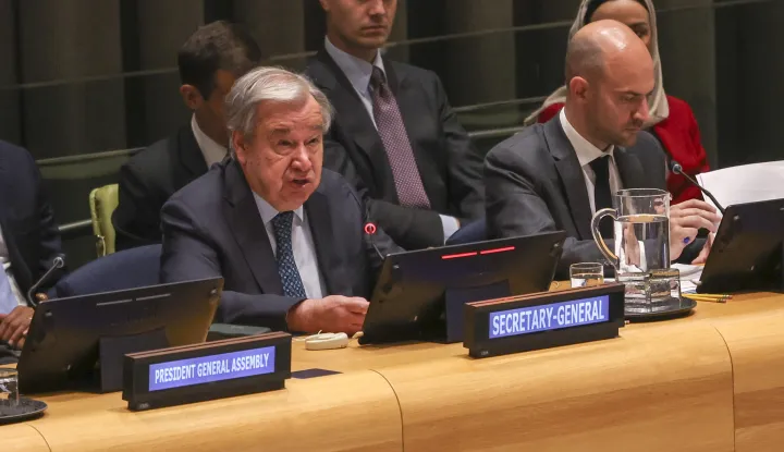 epa12268861 Secretary-General of the United Nations Antonio Guterres (L) speaks during a conference on the two-State solution to the Israeli-Palestinian conflict, at the United Nations (UN) headquarters in New York, New York, USA, 28 July 2025. EPA/SARAH YENESEL