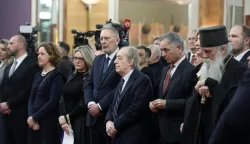 Zagreb, 06.01.2026 - Srpsko narodno vijeće (SNV) priredilo je tradicionalni božićni prijem. Na fotografiji Damir Habijan, Nina Obuljen Koržinek, potpredsjednik Vlade i ministar unutarnjih poslova Davor Božinović, Furio Radin, Boris Milo&scaron;ević, Milorad Pupovac.foto HINA/ Denis CERIĆ /dc