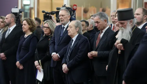 Zagreb, 06.01.2026 - Srpsko narodno vijeće (SNV) priredilo je tradicionalni božićni prijem. Na fotografiji Damir Habijan, Nina Obuljen Koržinek, potpredsjednik Vlade i ministar unutarnjih poslova Davor Božinović, Furio Radin, Boris Milo&scaron;ević, Milorad Pupovac.foto HINA/ Denis CERIĆ /dc