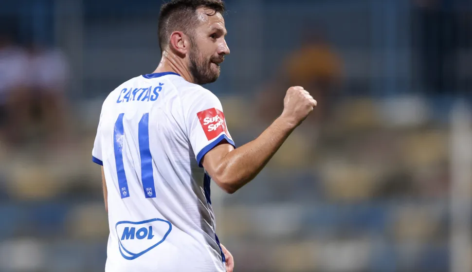 Zagreb, 26.08.2023 - Utakmica 6. kola HNL-a Lokomotiva - Osijek. Na slici Mijo Cakta&scaron; slavi postignuti zgodtiak.foto HINA/ Damir SENČAR/ ds