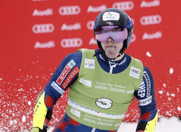 epa11931996 Filip Zubcic of Croatia reacts in the finish area during the Men's Giant Slalom at the FIS Alpine Skiing World Cup stop in Kranjska Gora, Slovenia, 01 March 2025. EPA/ANTONIO BAT