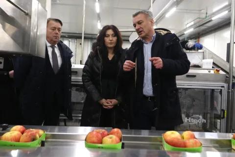 Osijek, 08. 01. 2026, Industriska zona Nemetin. Regionalni distribucijski centar, RDC, županica Nata&scaron;a Trami&scaron;ak obi&scaron;la centar i sastala se s proizvođačima jabuka. Goran Ivanović Lac, Nata&scaron;a Trami&scaron;ak i Alen Mamić.snimio GOJKO MITIĆ