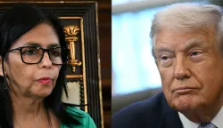 (COMBO) This combination of pictures created on January 07, 2026 shows Venezuela's vice-President Delcy Rodriguez attends a session of the National Assembly to swear in as Venezuela's interim President in Caracas on January 5, 2026, and US President Donald Trump looks on during a meeting with the White House Task Force on the FIFA World Cup 2026 in the Oval Office of the White House in Washington, DC on November 17, 2025. The relationship between Venezuela and the United States has been ?tarnished? following the attack and capture of President Nicol?s Maduro, the country's new leader, Delcy Rodr?guez, said on January 7, 2026. However, she agreed to negotiate oil sales with Washington. (Photo by Federico PARRA and Brendan SMIALOWSKI/AFP)