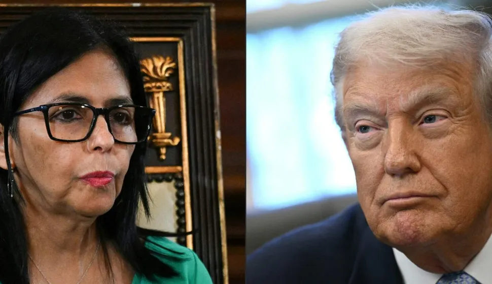 (COMBO) This combination of pictures created on January 07, 2026 shows Venezuela's vice-President Delcy Rodriguez attends a session of the National Assembly to swear in as Venezuela's interim President in Caracas on January 5, 2026, and US President Donald Trump looks on during a meeting with the White House Task Force on the FIFA World Cup 2026 in the Oval Office of the White House in Washington, DC on November 17, 2025. The relationship between Venezuela and the United States has been ?tarnished? following the attack and capture of President Nicol?s Maduro, the country's new leader, Delcy Rodr?guez, said on January 7, 2026. However, she agreed to negotiate oil sales with Washington. (Photo by Federico PARRA and Brendan SMIALOWSKI/AFP)