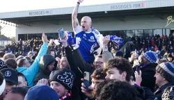 Macclesfield Town's Josh Kay celebrates with fans following the Emirates FA Cup third round match at the Leasing.com Stadium, Macclesfield. Picture date: Saturday January 10, 2026. Photo: martin Rickett/PRESS ASSOCIATION